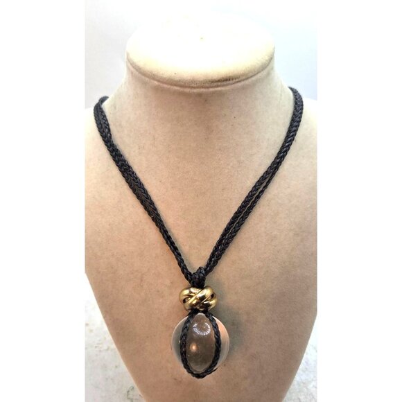Handmade Black Braided Cord Necklace With Glass Pendant & Gold Accent Knot Detai - Picture 2 of 4